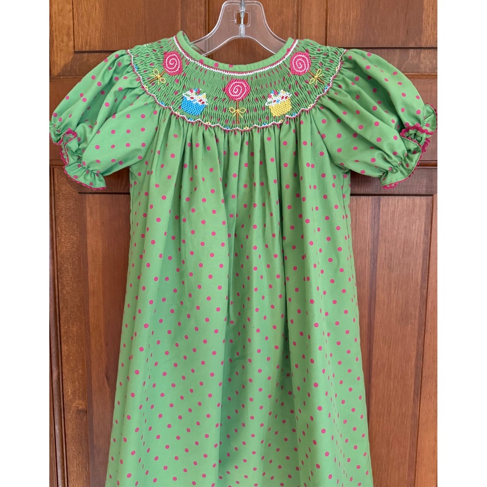 ANAVINI Hand Smocked Dress Girls Size 4T Green‎ Cotton Cupcake Southern Classic